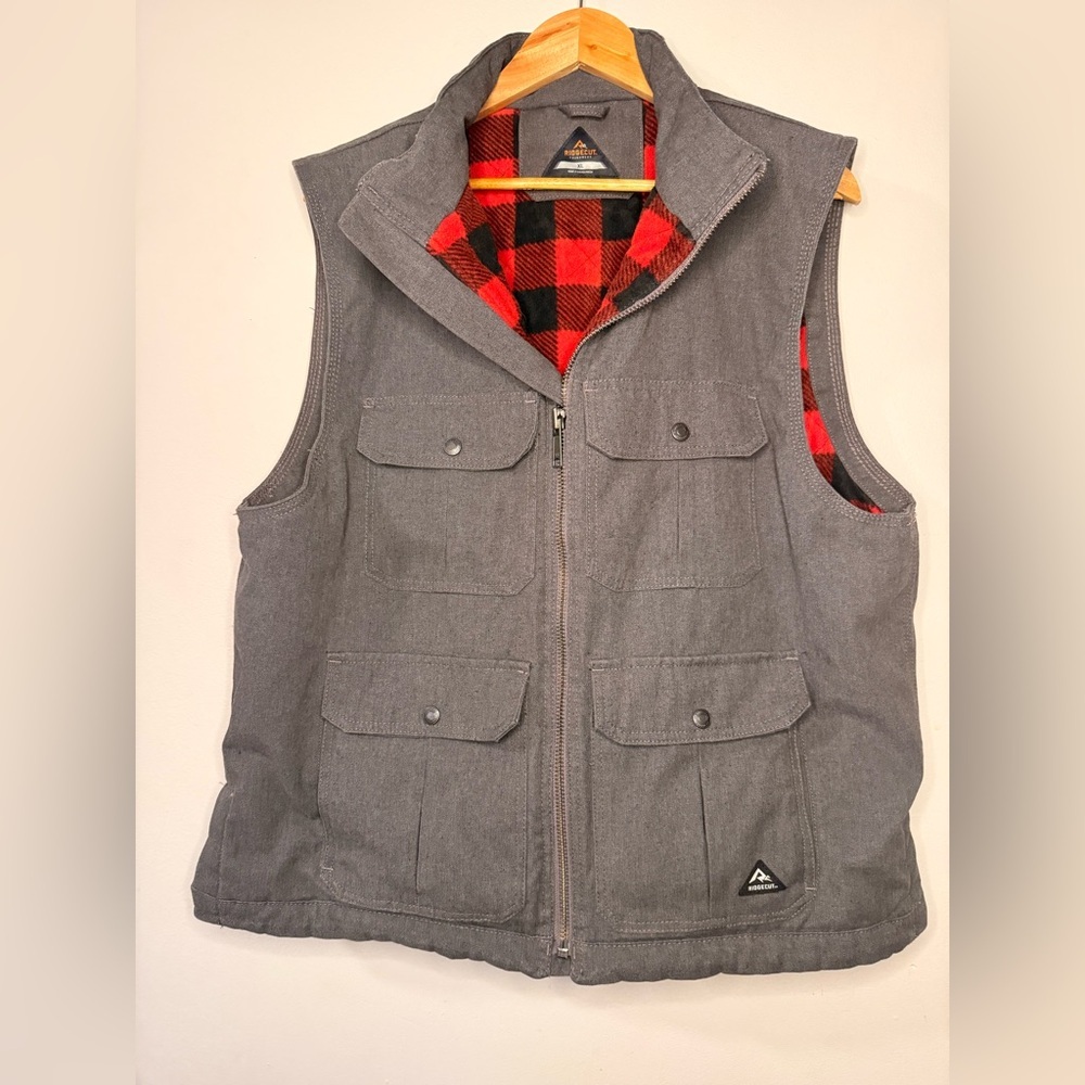 Ridgecut Men’s XL Gray Canvas Work Vest Buffalo Plaid Fleece Lined